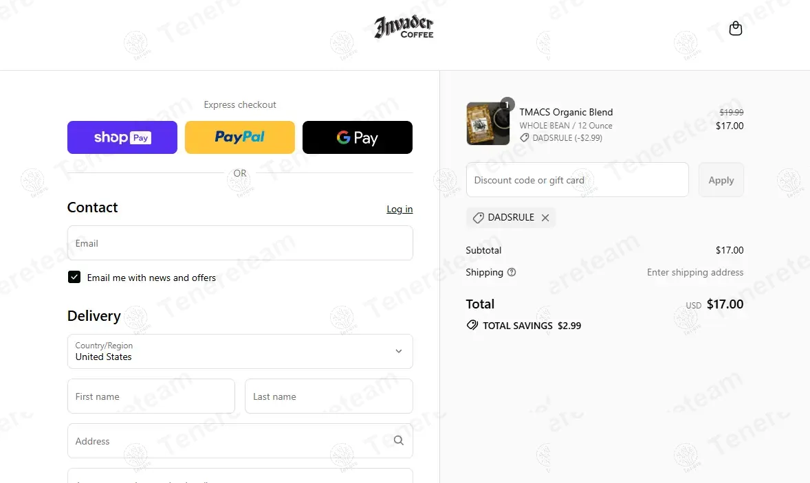 Invader Coffee coupon code: 15% off with DADSRULE. Tested and valid as 11 months ago.