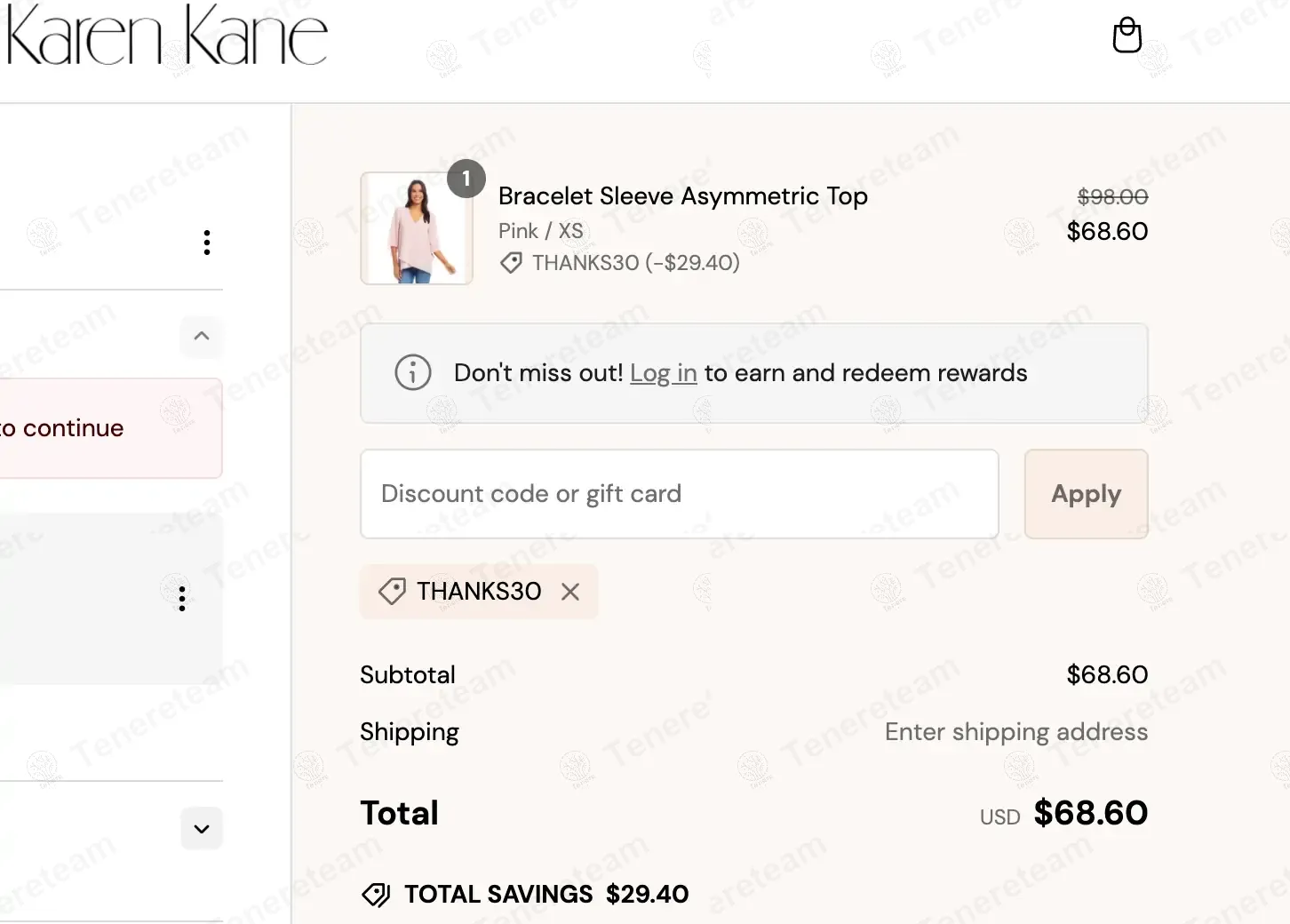 Karen Kane coupon code: 30% off with Thanks30. Tested and valid as 1 year ago.