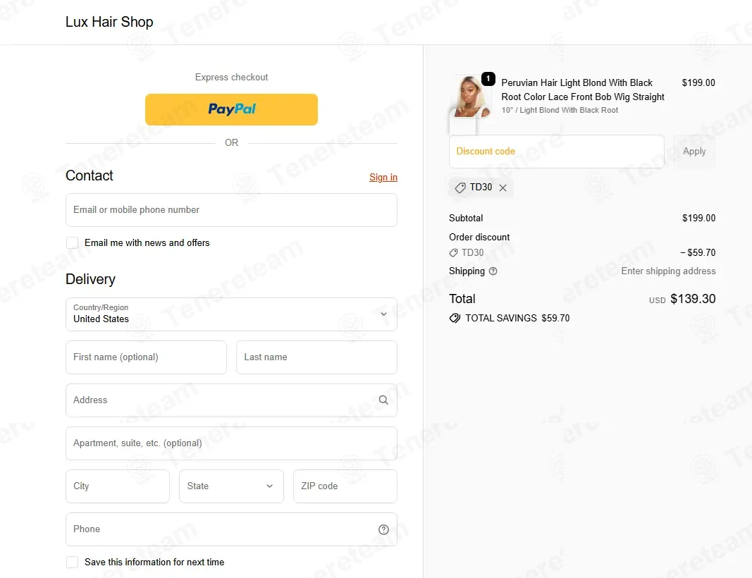 Lux Hair Shop coupon code: 30% off with TD30. Tested and valid as 9 months ago.