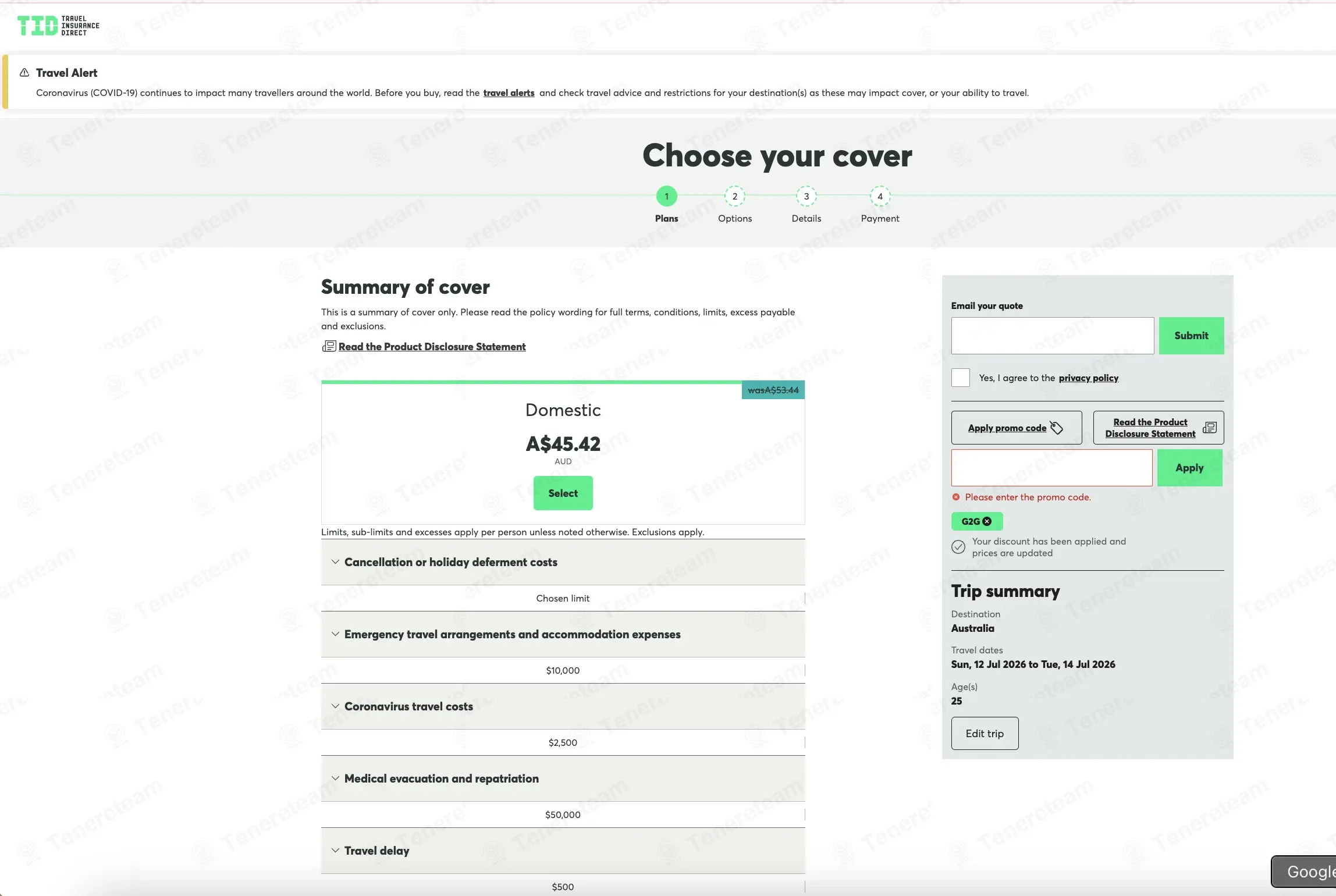 Travel Insurance Direct coupon code: 10% off with G2G. Tested and valid as 1 month ago.
