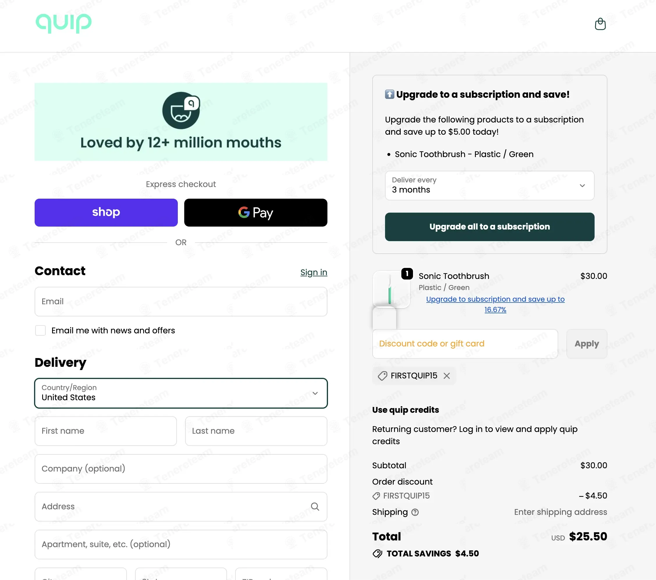 QUIP coupon code: 15% off with FIRSTQUIP15. Tested and valid as 1 month ago.