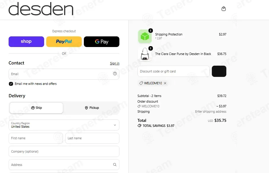 Desden coupon code: 10% off with WELCOME10. Tested and valid as 2 weeks ago.