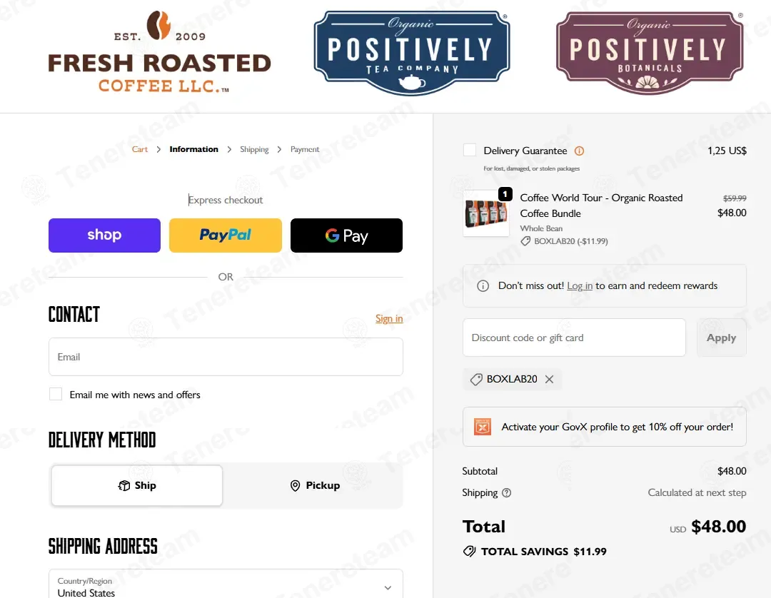 Fresh Roasted Coffee coupon code: 20% off with BOXLAB20. Tested and valid as 1 month ago.