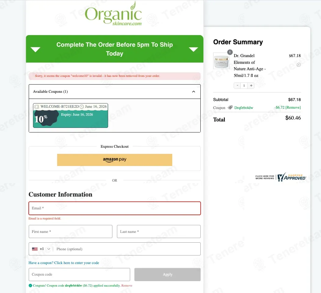 Organic Skin Care coupon code: 10% off with drq0rbt4dw. Tested and valid as 4 days ago.