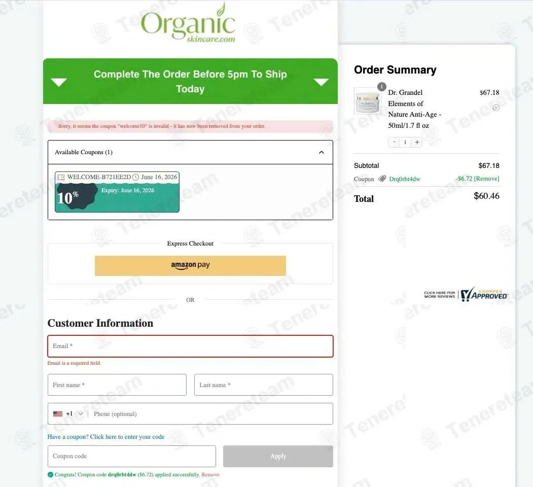 Organic Skin Care coupon code: 10% off with drq0rbt4dw. Tested and valid as 4 days ago.