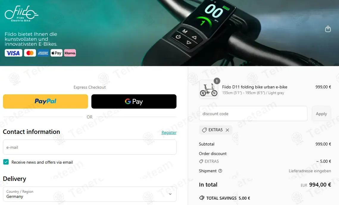 Fiido DE coupon code: €5 off with extra5. Tested and valid as 2 weeks ago.