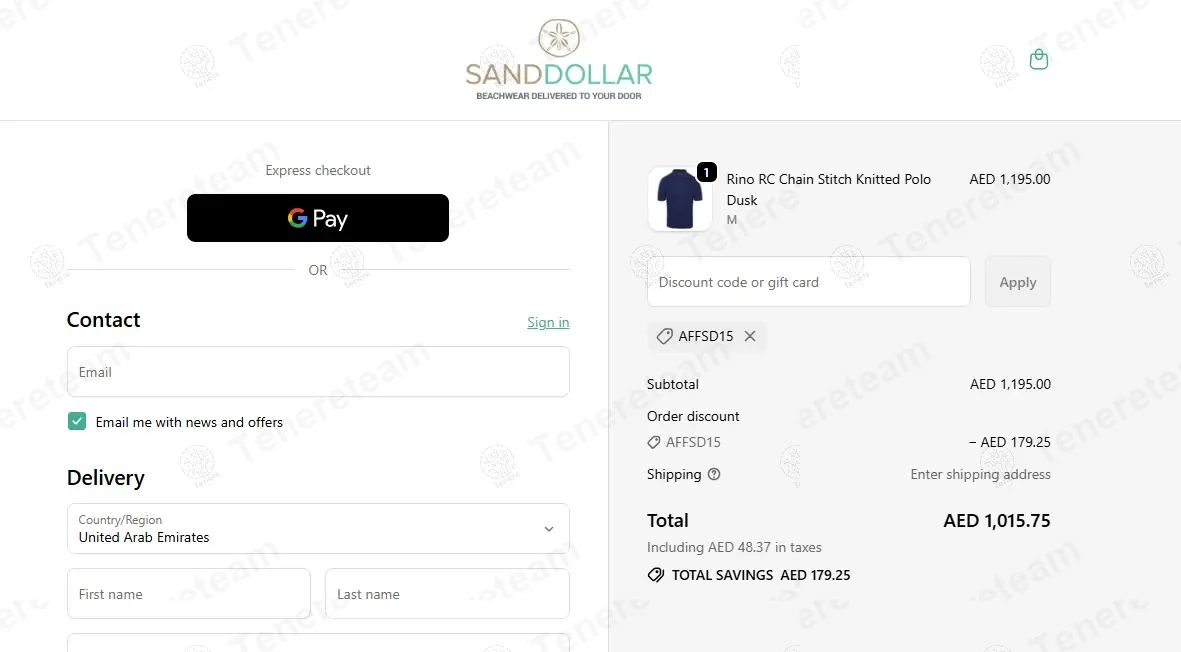 Sanddollardubai coupon code: 15% off with AFFSD15. Tested and valid as 9 months ago.