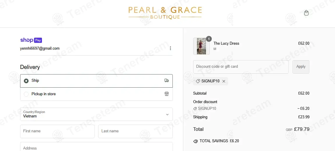 Pearl and Grace Boutique coupon code: 10% off with Signup10. Tested and valid as 1 year ago.