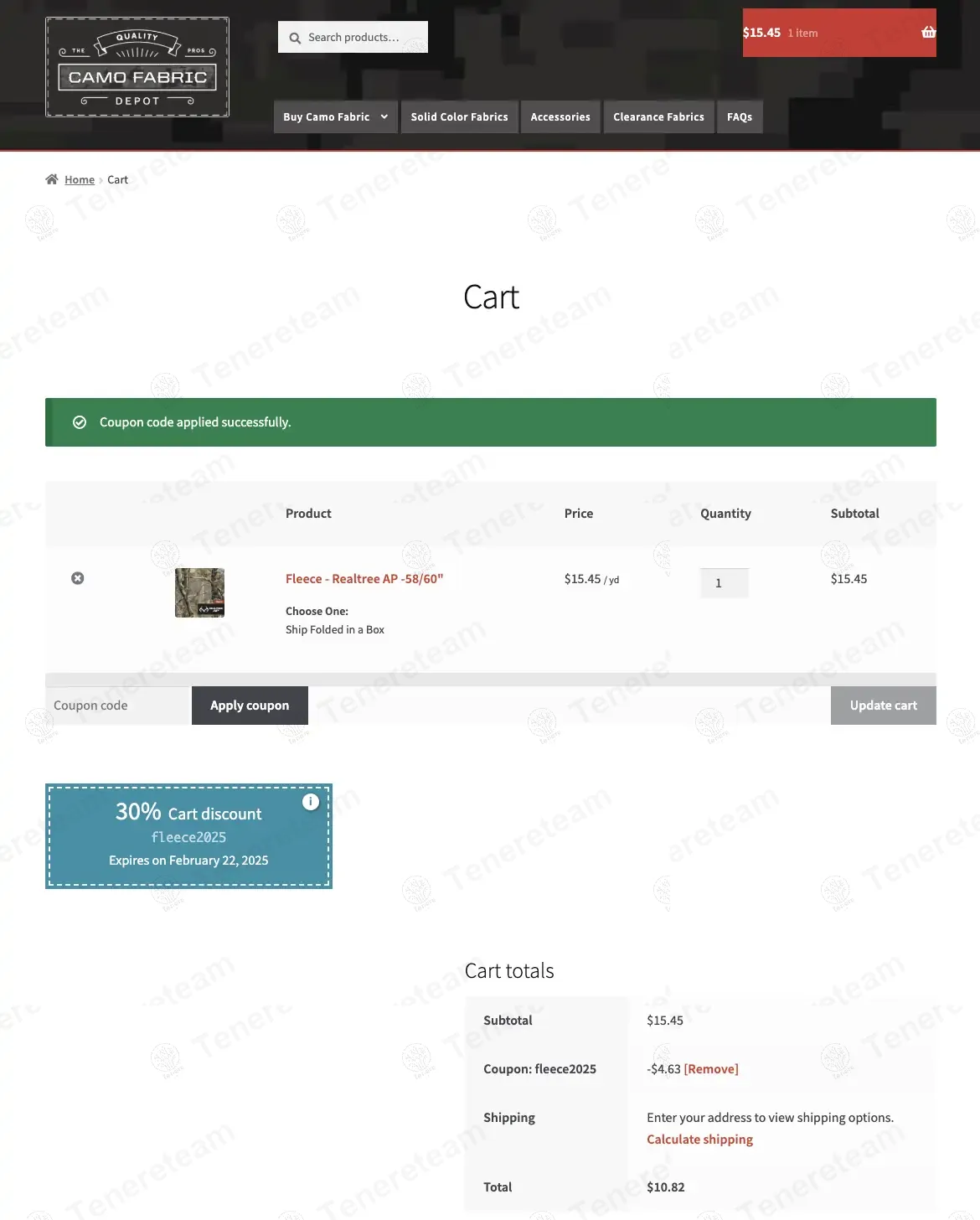 Camo Fabric Depot coupon code: 20% off with fleece2025. Tested and valid as 1 year ago.