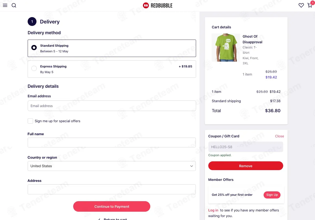 RedBubble coupon code: 25% off with HELLO25-S8. Tested and valid as 1 month ago.