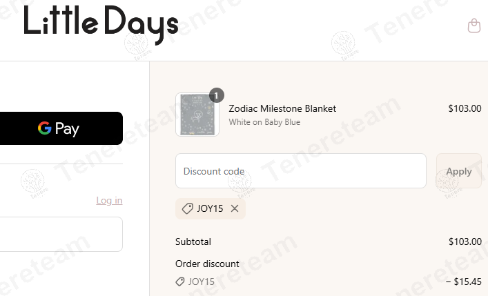 Little Days coupon code: 15% off with JOY15. Tested and valid as 1 year ago.