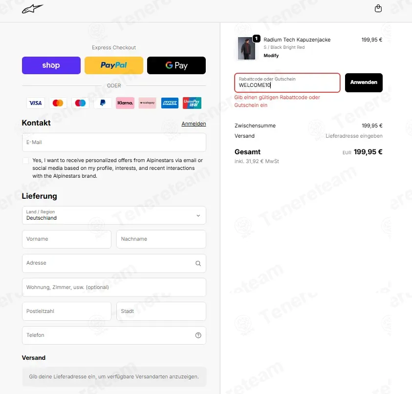 Alpinestars DE coupon code: 10% off with WELCOME10. Tested and valid as 1 month ago.