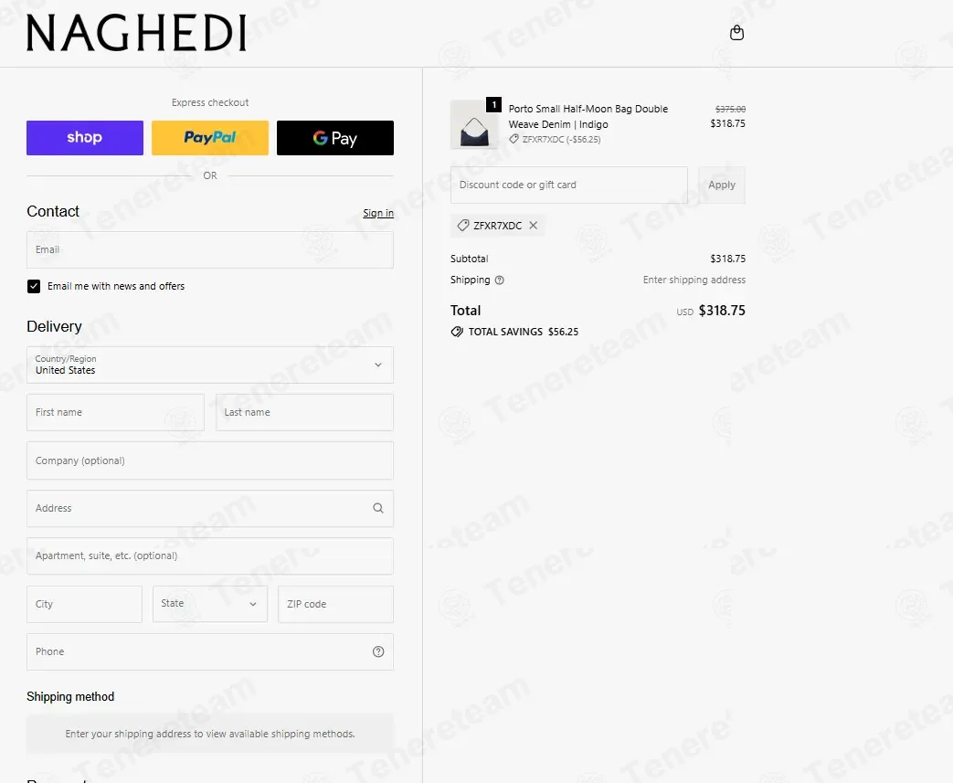 Naghedin NYC coupon code: 15% off with ZFXR7XDC. Tested and valid as 3 months ago.