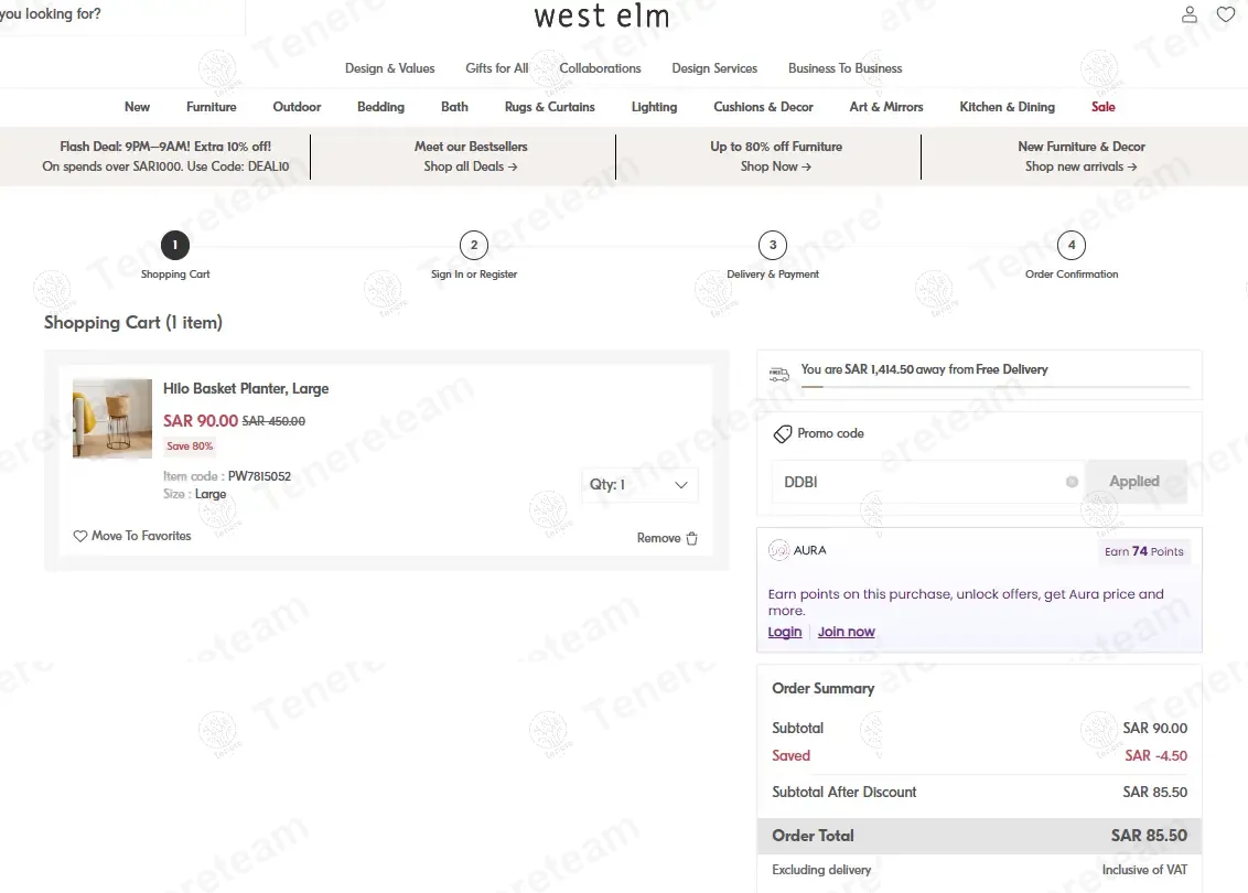 West Elm KSA coupon code: 5% off with DDBI. Tested and valid as 9 months ago.