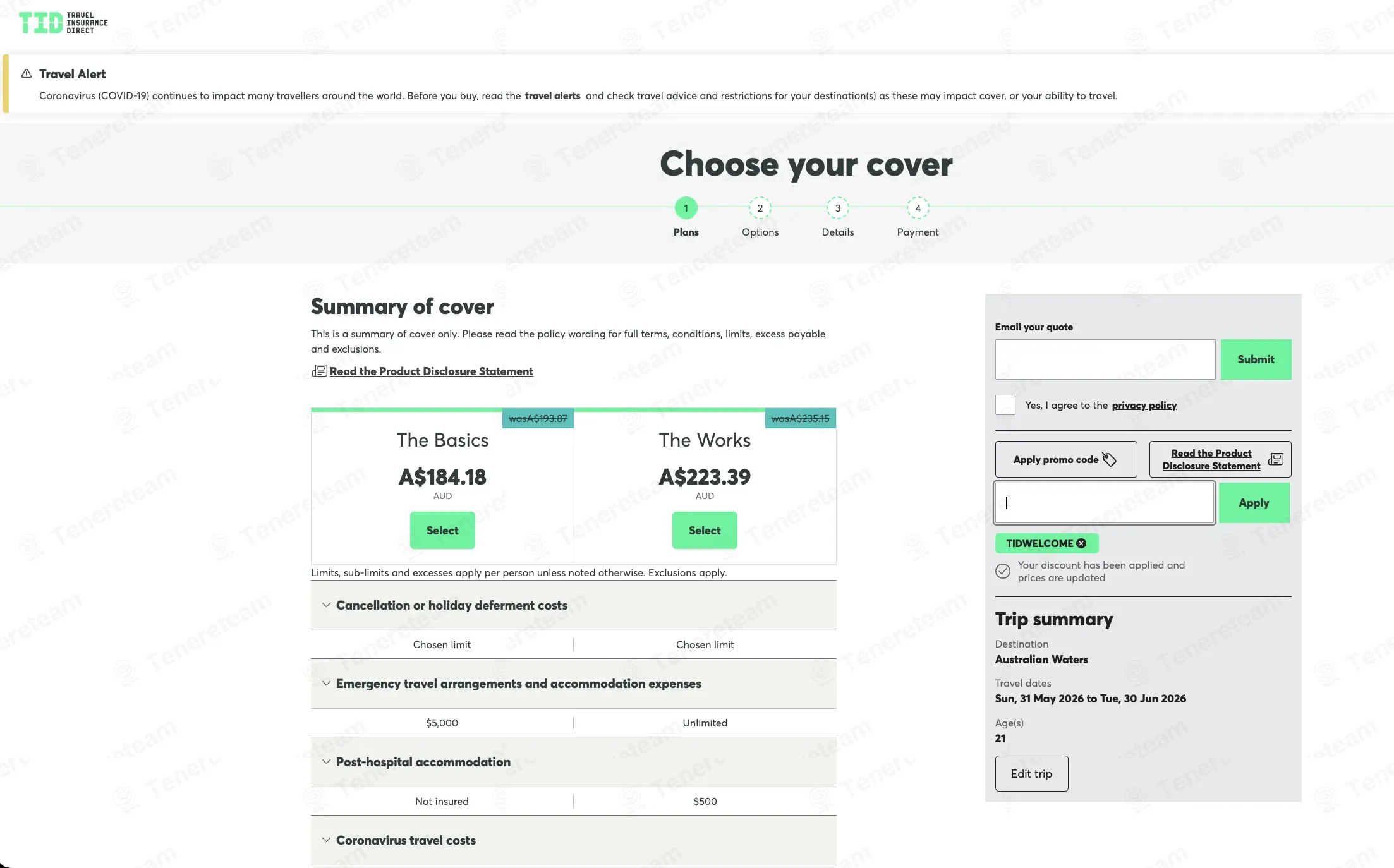 Travel Insurance Direct coupon code: 5% off with TIDWELCOME. Tested and valid as 1 month ago.