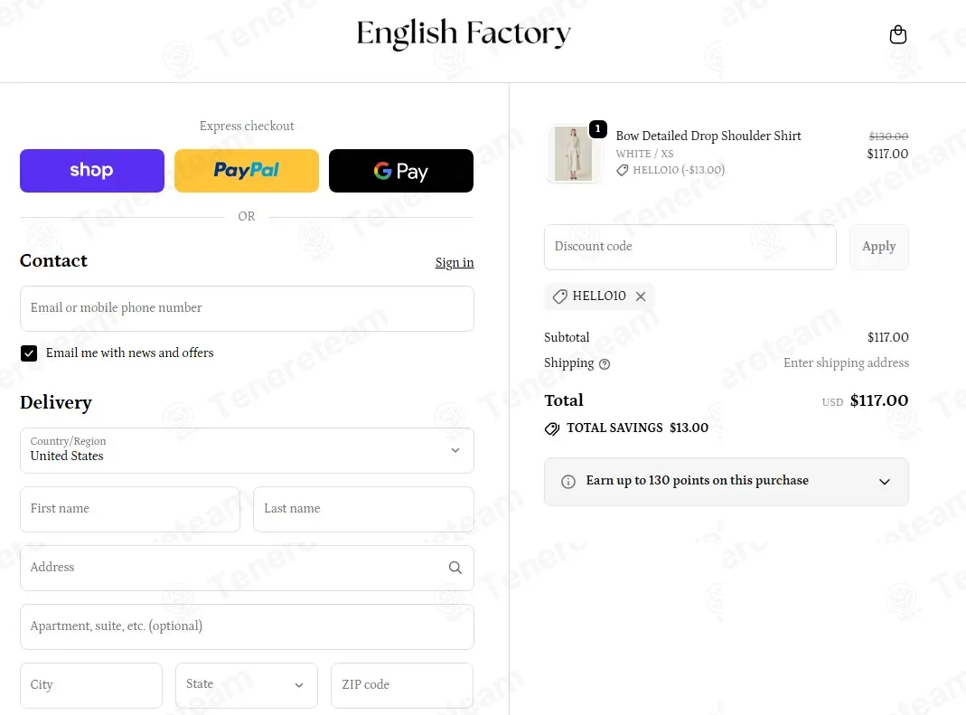 English Factory coupon code: 10% off with HELLO10. Tested and valid as 7 months ago.