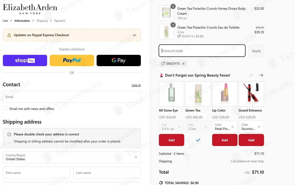 Elizabeth Arden coupon code: 15% off with ENJOY15. Tested and valid as 1 year ago.