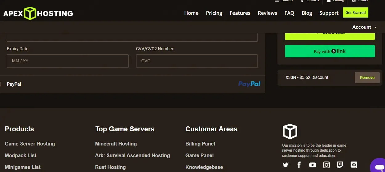 Apex Minecraft Hosting coupon code: 25% off with X33N. Tested and valid as 1 month ago.