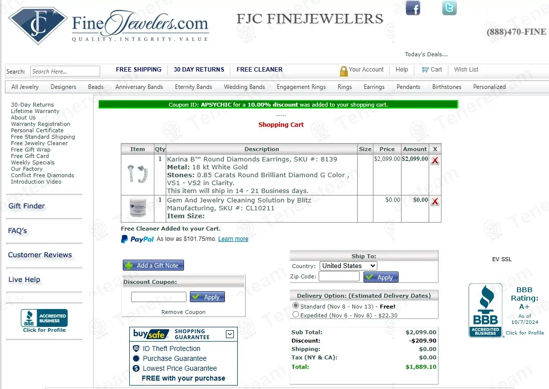 Fine Jewelers coupon code: 10% off with APSYCHIC. Tested and valid as 1 year ago.