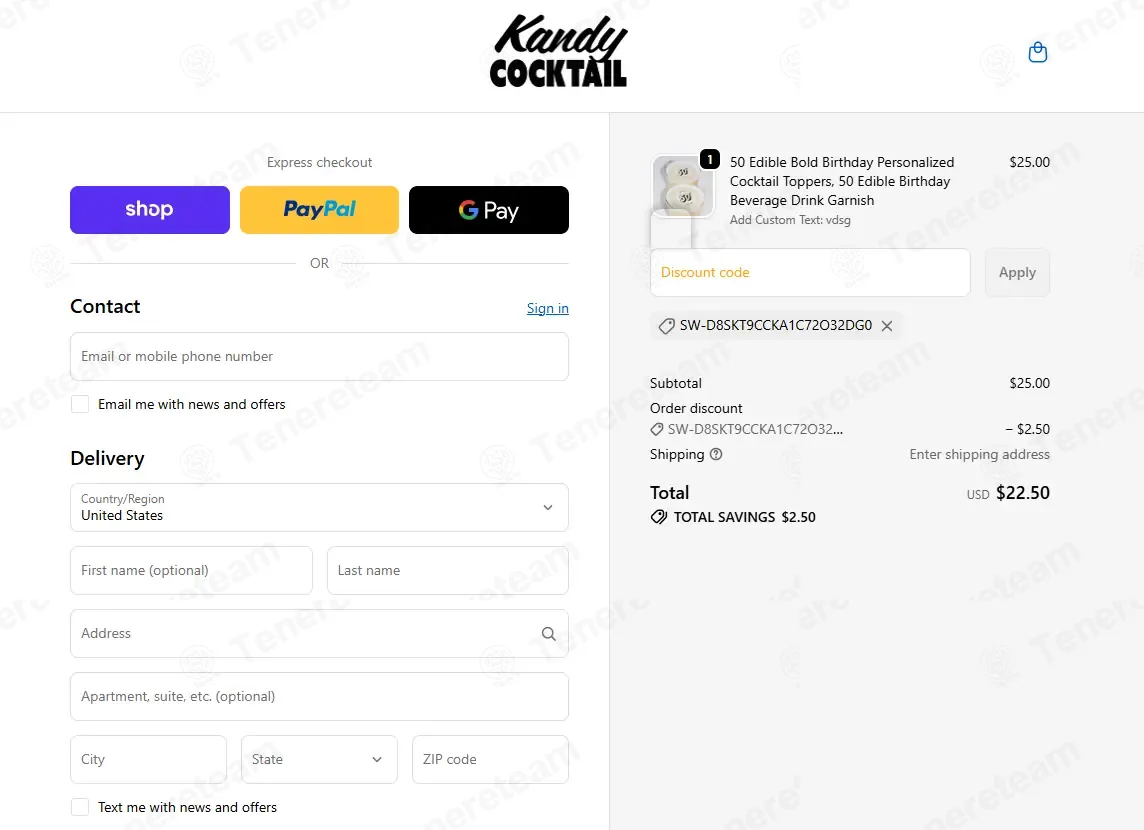 Kandy Cocktail coupon code: 10% off with SW-D8SKT9CCKA1C72O32DG0. Tested and valid as 4 weeks ago.
