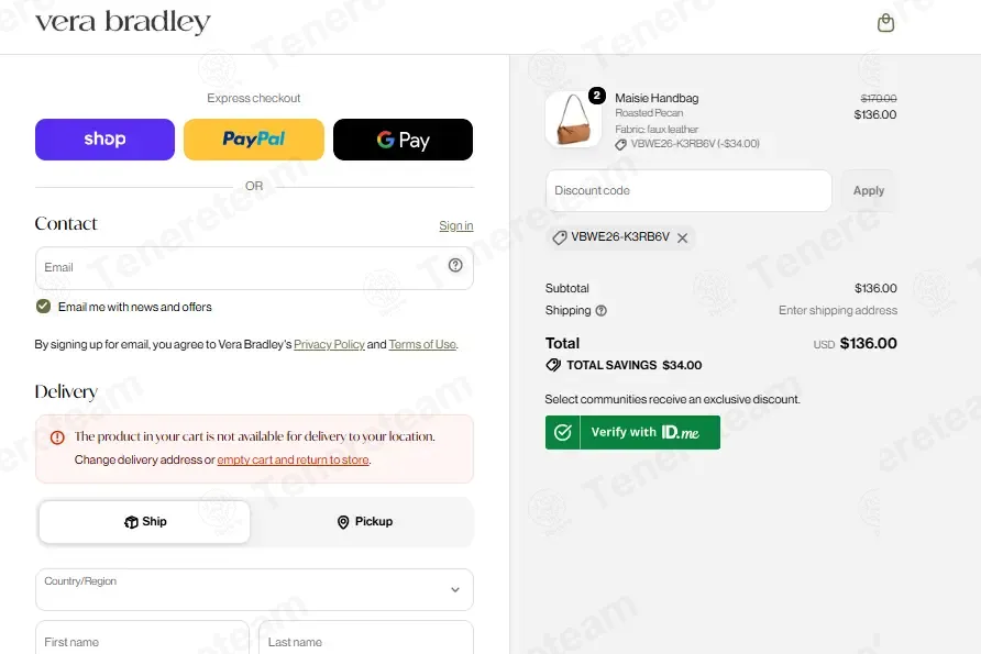 Vera Bradley coupon code: 20% off with VBWE26-K3RB6V. Tested and valid as 3 weeks ago.