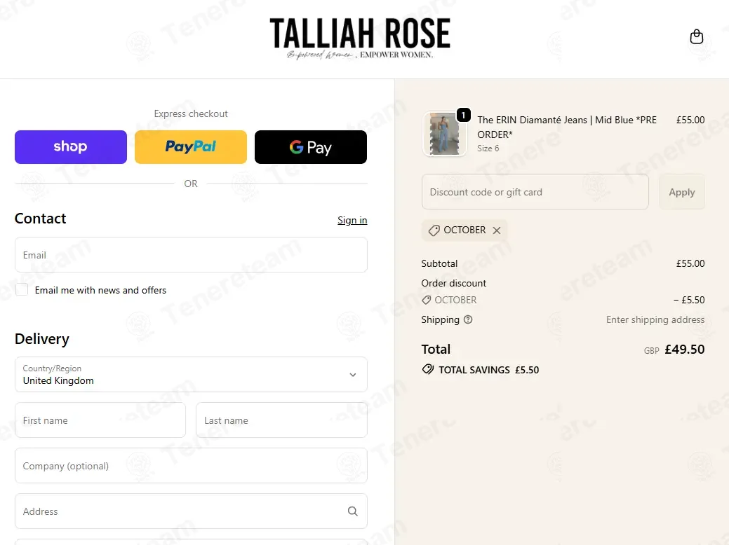 Talliah Rose coupon code: 10% off with OCTOBER. Tested and valid as 7 months ago.