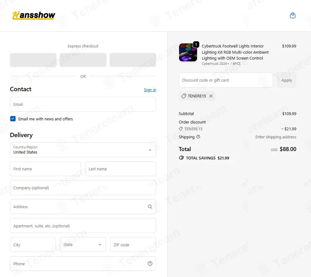 Hansshow Auto Parts coupon code: 20% off with TENERE15. Tested and valid as 1 week ago.