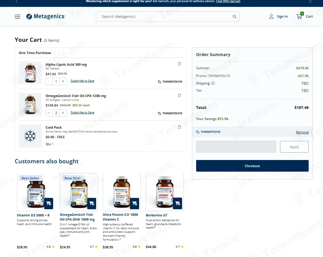 Metagenics coupon code: 10% off with THANKYOU10. Tested and valid as 1 week ago.
