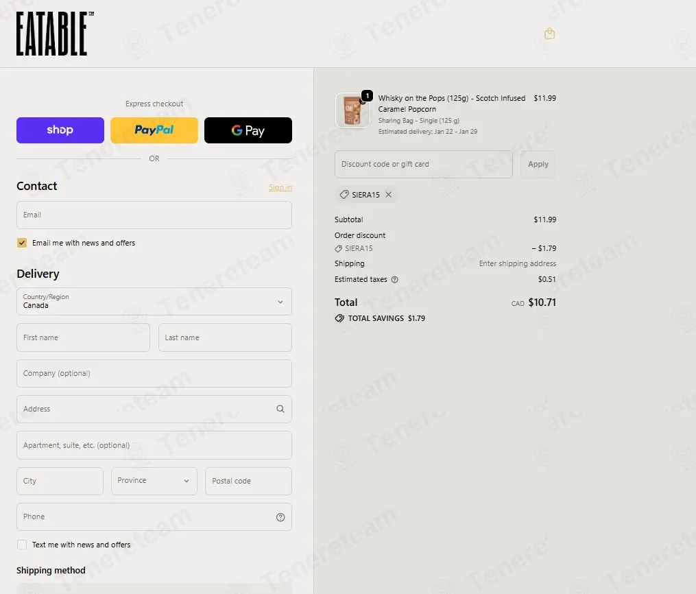 EATABLE coupon code: 15% off with SIERA15. Tested and valid as 3 weeks ago.