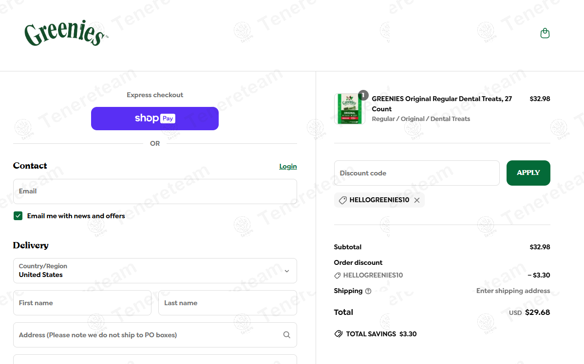 Greenies coupon code: 10% off with HELLOGREENIES10. Tested and valid as 4 months ago.