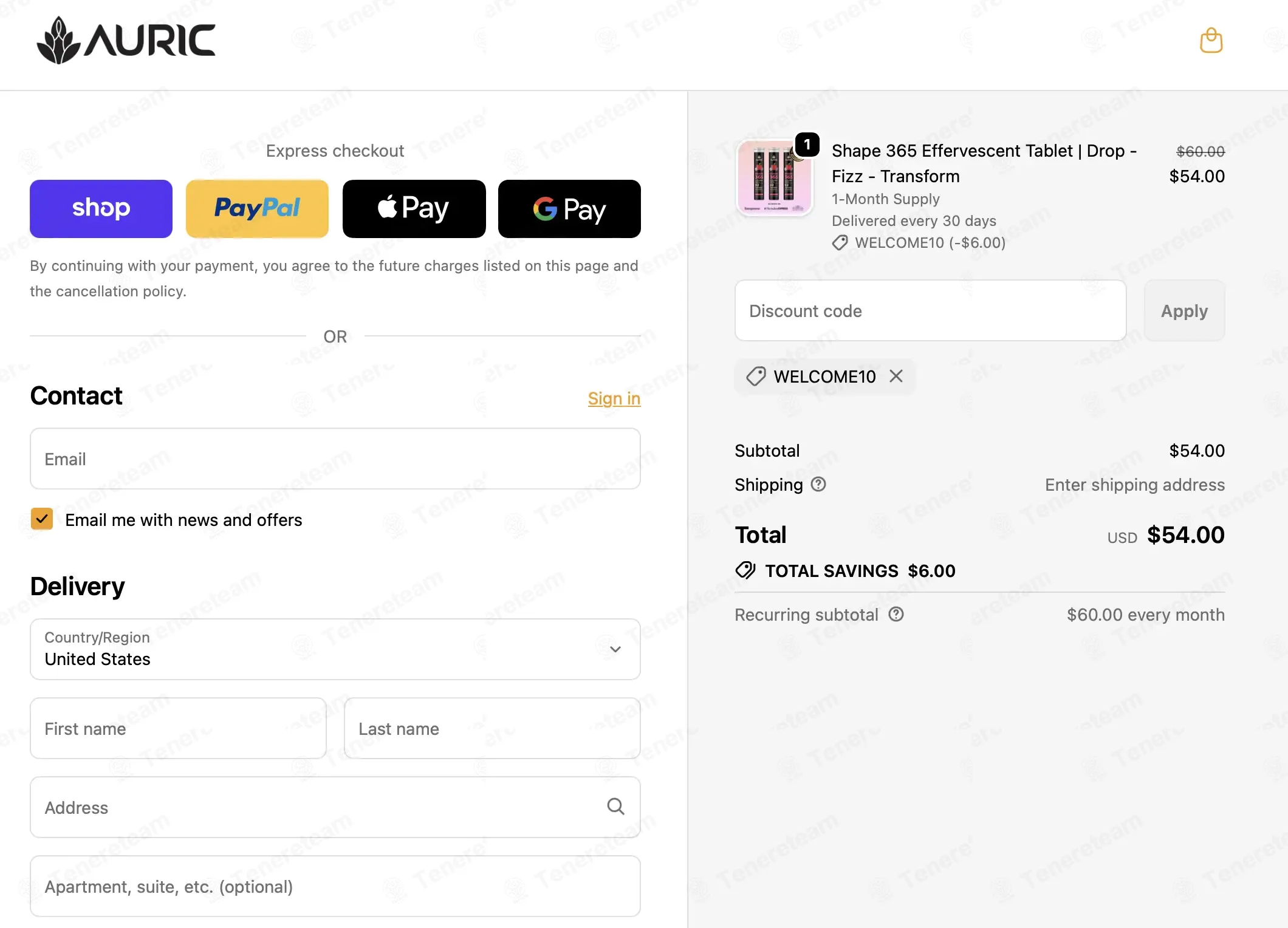 The Auric coupon code: 10% off with WELCOME10. Tested and valid as 3 days ago.