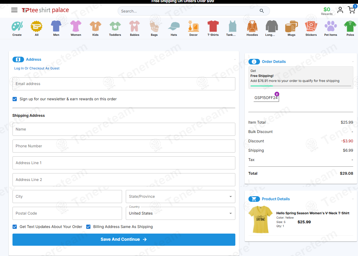 Teeshirtpalace coupon code: 15% off with GSP15OFF24. Tested and valid as 1 year ago.