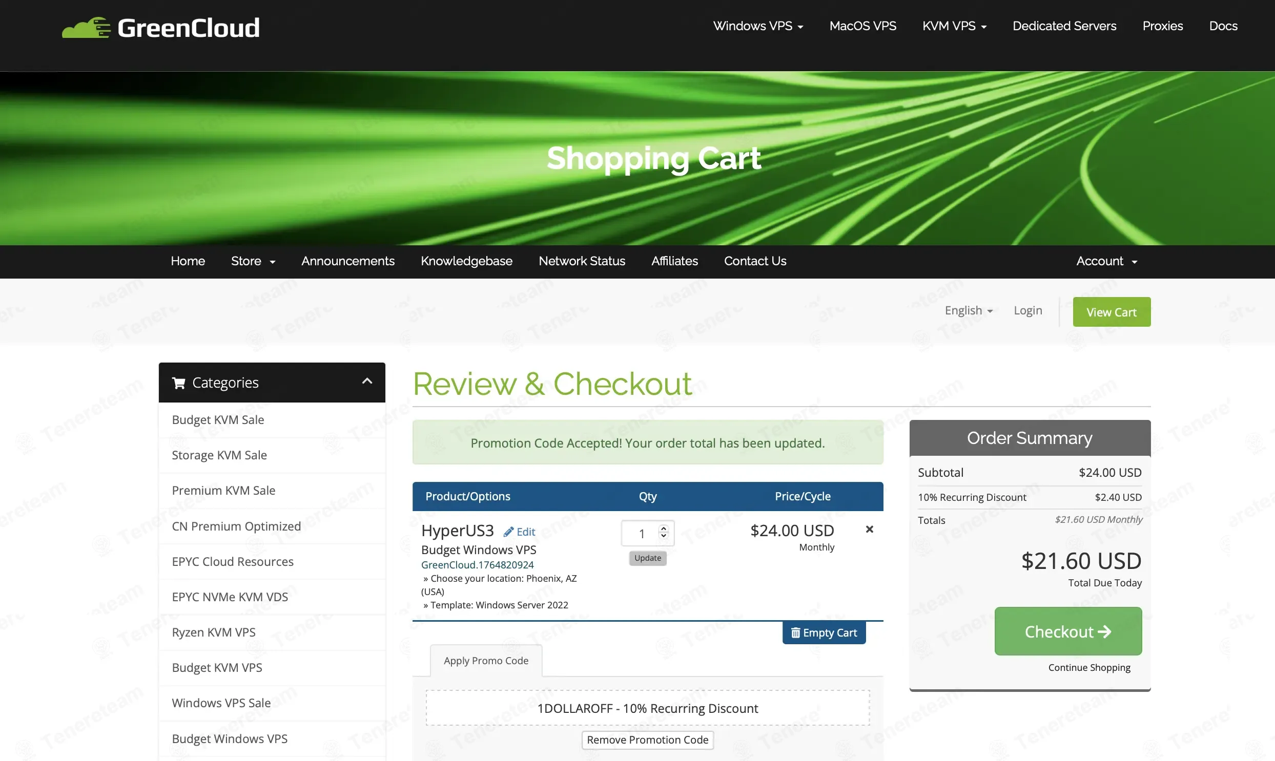 Greencloudvps coupon code: 10% off with 1DOLLAROFF. Tested and valid as 2 months ago.
