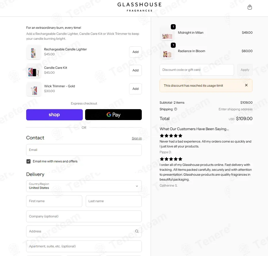 Glasshouse Fragrances US coupon code: 10% off with ZFQTJMGP. Tested and valid as 2 months ago.