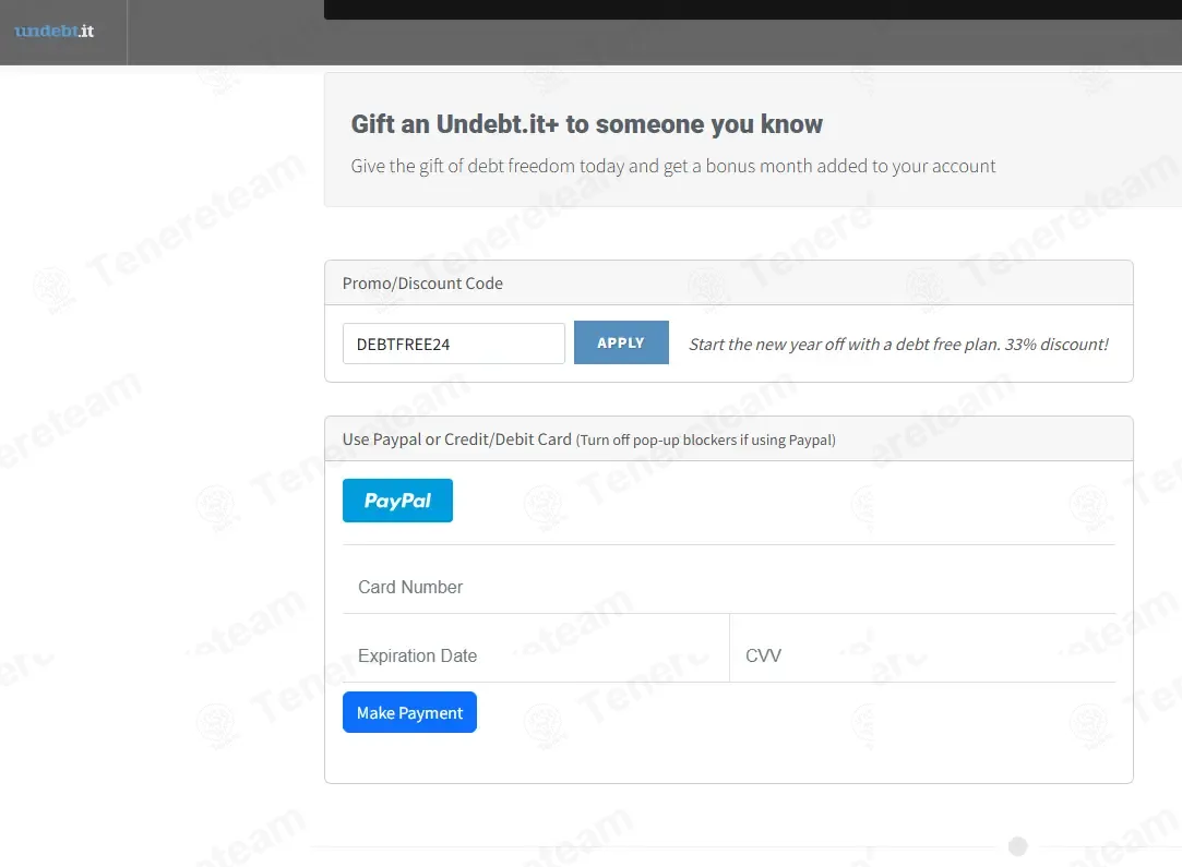 Undebt.it coupon code: 33% off with DEBTFREE24. Tested and valid as 2 months ago.