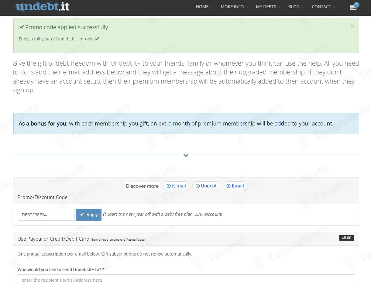 Undebt.it coupon code: 33% off with DEBTFREE24. Tested and valid as 2 months ago.