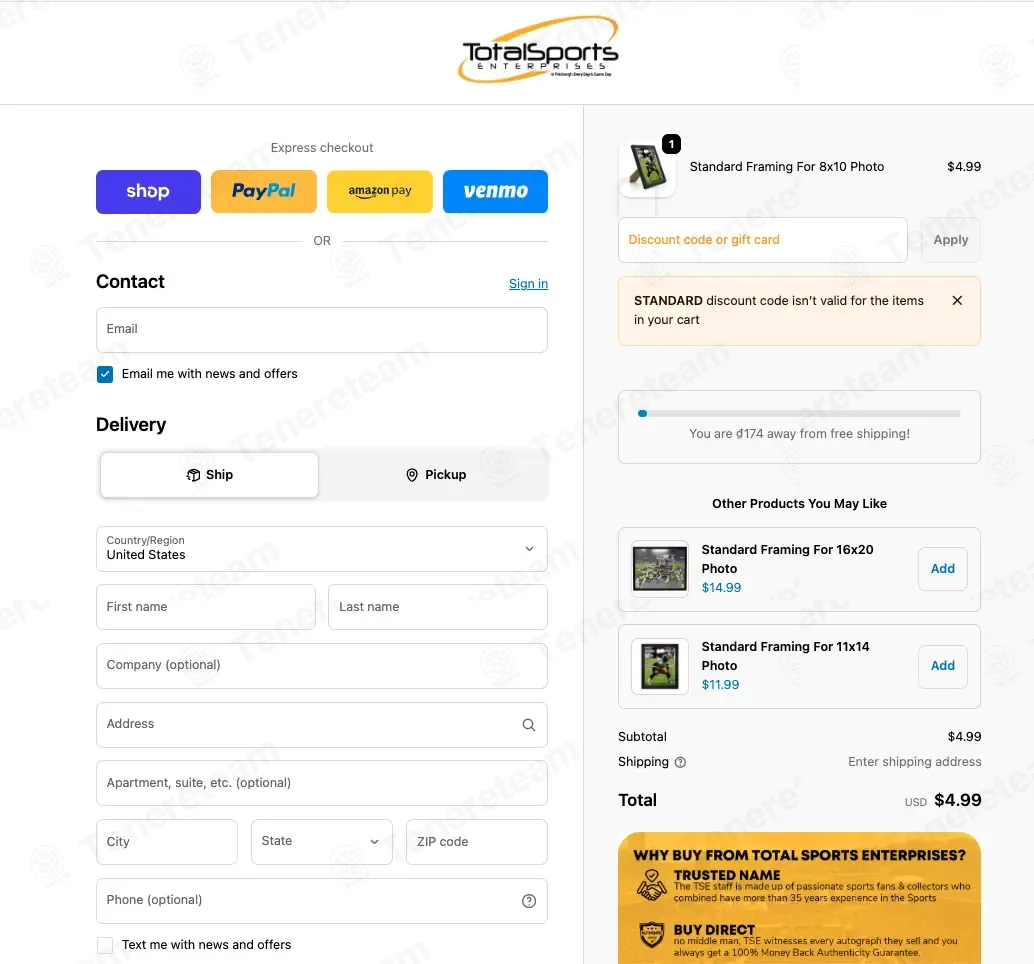 Total Sports Enterprises coupon code: 10% off with STANDARD. Tested and valid as 1 month ago.