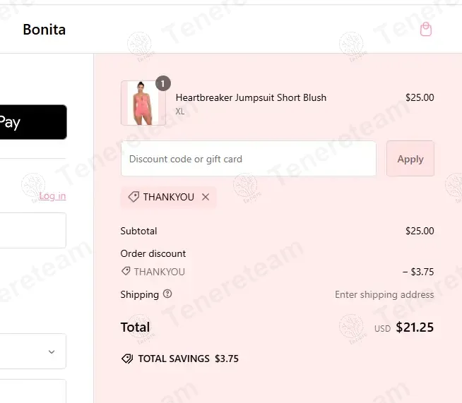 Bonita coupon code: 15% off with THANKYOU. Tested and valid as 1 year ago.