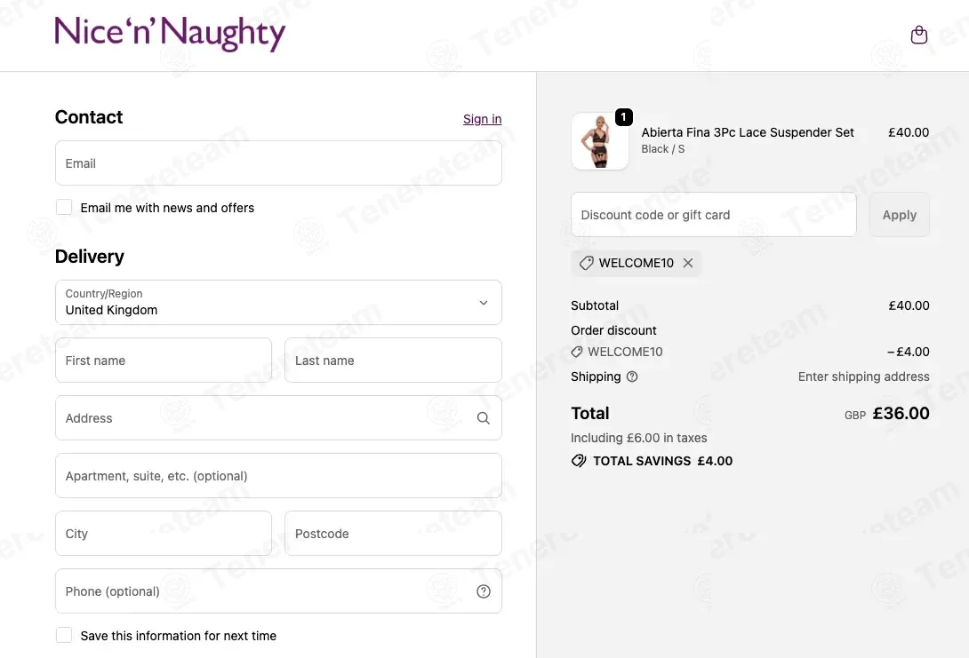 Nice 'n' Naughty coupon code: 10% off with WELCOME10. Tested and valid as 1 week ago.