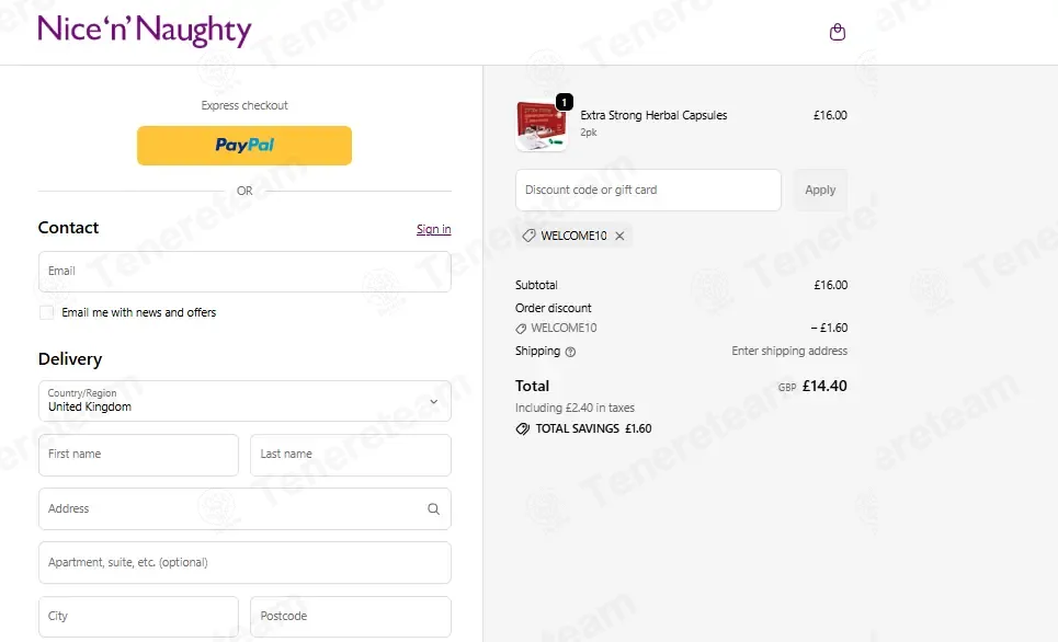 Nice 'n' Naughty coupon code: 10% off with WELCOME10. Tested and valid as 1 week ago.