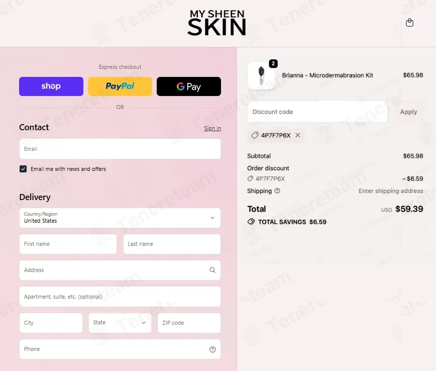 My Sheen Skin coupon code: 10% off with 4P7F7P6X. Tested and valid as 4 months ago.