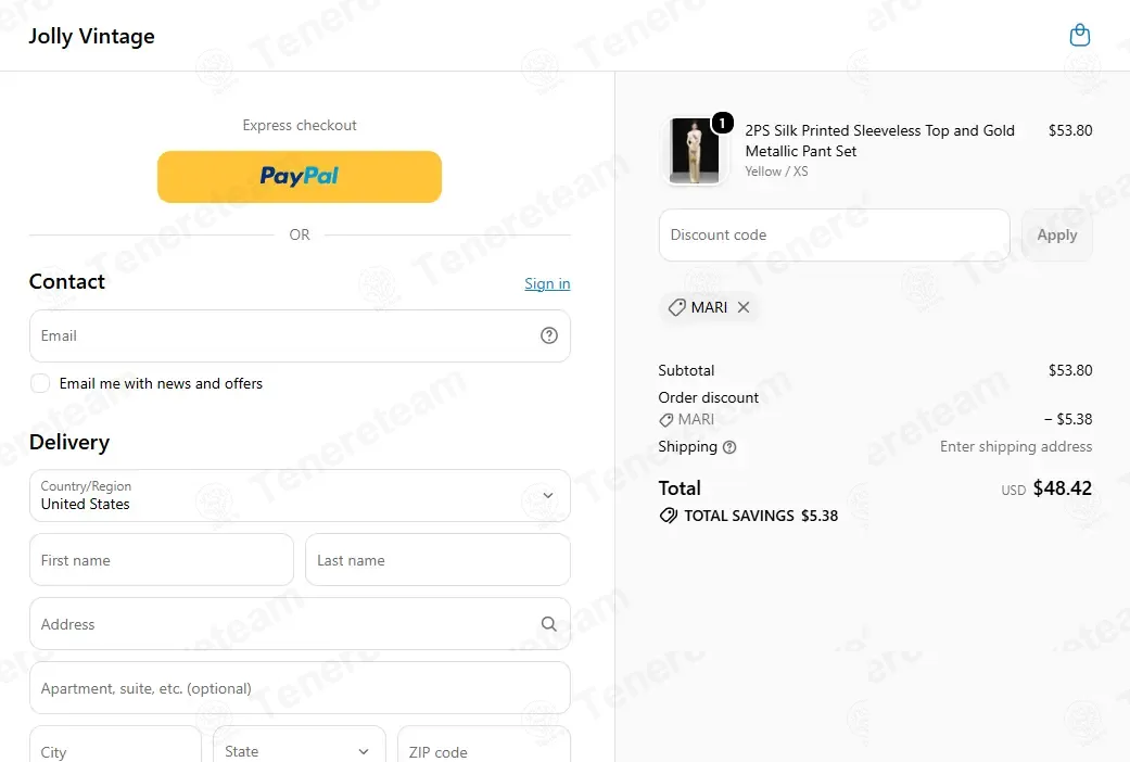 Jolly Vintage coupon code: 10% off with MARI. Tested and valid as 1 week ago.