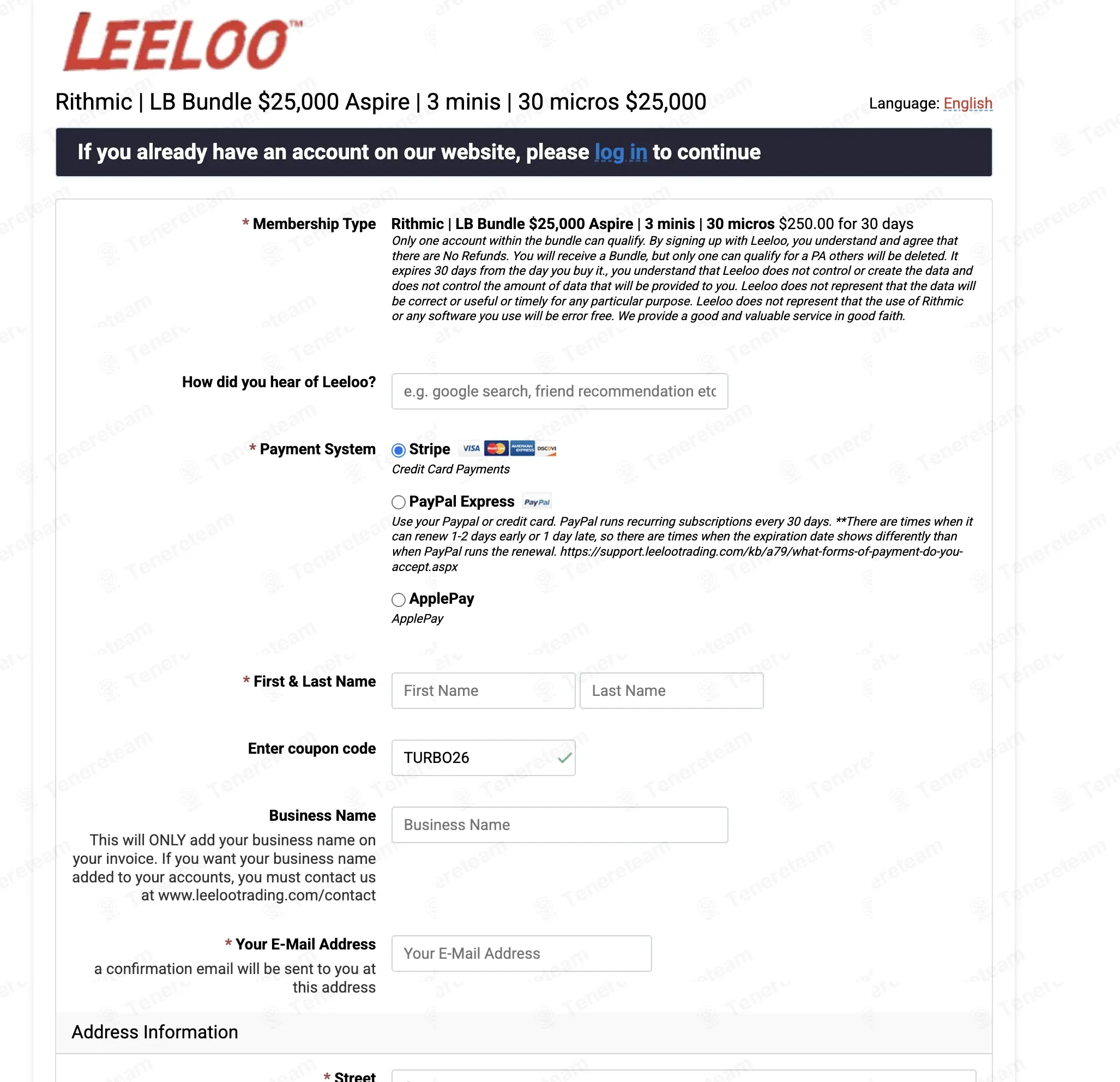 Leeloo Trading coupon code: 25% off with TURBO26. Tested and valid as 4 months ago.