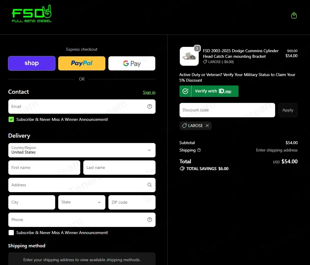 Full Send Diesel coupon code: 10% off with LAROSE. Tested and valid as 3 weeks ago.