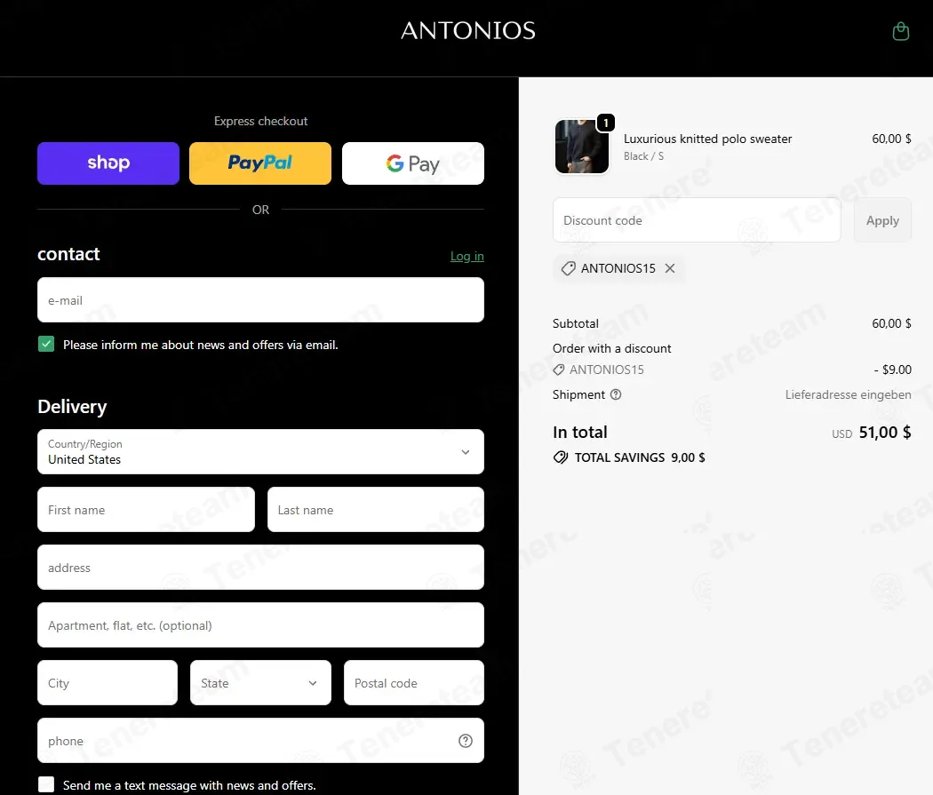 Antonios Clothing coupon code: 15% off with ANTONIOS. Tested and valid as 3 months ago.