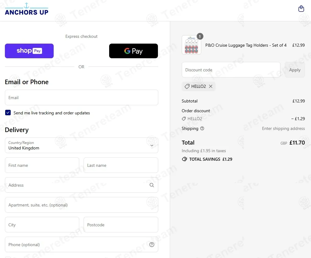 Anchors Up coupon code: 20% off with HELLO2. Tested and valid as 10 months ago.