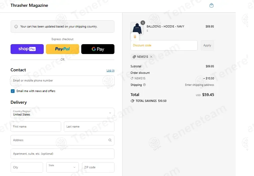 Thrasher coupon code: 15% off with NEWS15. Tested and valid as 9 months ago.