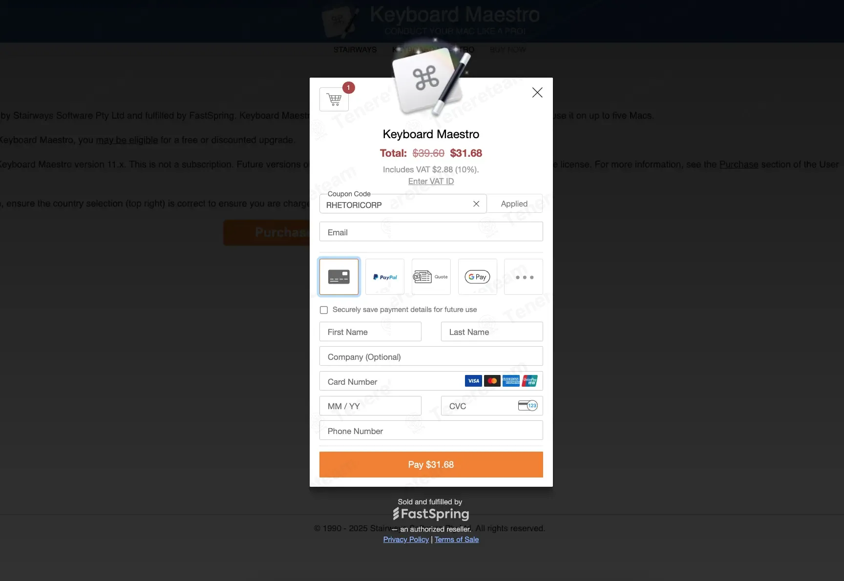 Keyboard Maestro coupon code: 10% off with RHETORICORP. Tested and valid as 6 months ago.