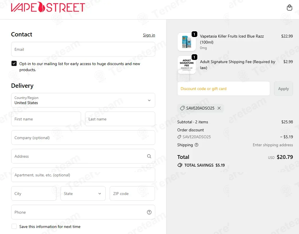 Vape Street coupon code: 20% off with SAVE20ADSO25. Tested and valid as 5 months ago.