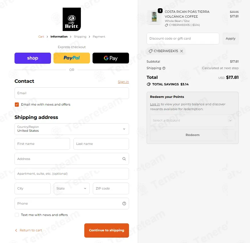 Cafe Britt coupon code: 15% off with CYBERWEEK15. Tested and valid as 3 days ago.